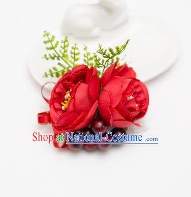 Top Grade Classical Wedding Silk Flowers, Bride Emulational Wrist Flowers Bridesmaid Bracelet Red Flowers for Women