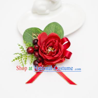 Top Grade Classical Wedding Silk Flowers, Bride Emulational Wrist Flowers Bridesmaid Bracelet Red Flowers for Women