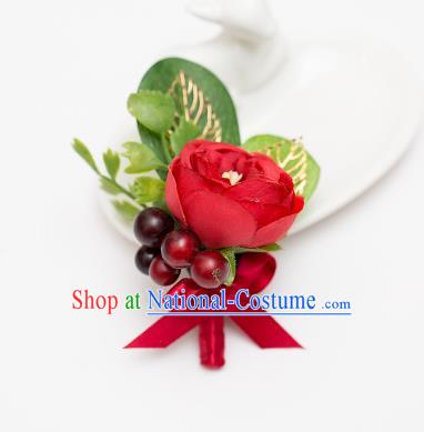 Top Grade Classical Wedding Silk Flowers,Groom Emulational Corsage Groomsman Red Brooch Flowers for Men