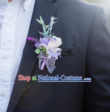 Top Grade Classical Wedding Silk Flowers,Groom Emulational Corsage Groomsman Lilac Brooch Flowers for Men