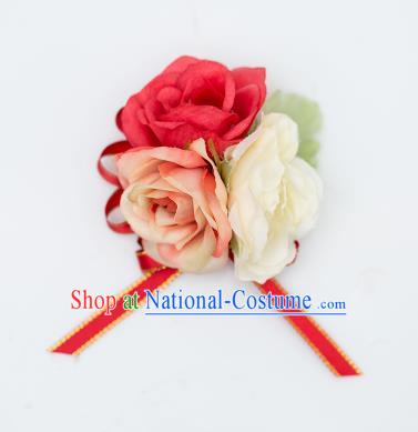 Top Grade Classical Wedding Silk Flowers, Bride Emulational Wrist Flowers Bridesmaid Bracelet Red Flowers for Women