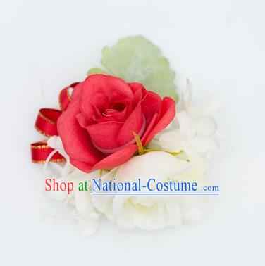 Top Grade Classical Wedding Silk Flowers, Bride Emulational Wrist Flowers Bridesmaid Bracelet Red Flowers for Women