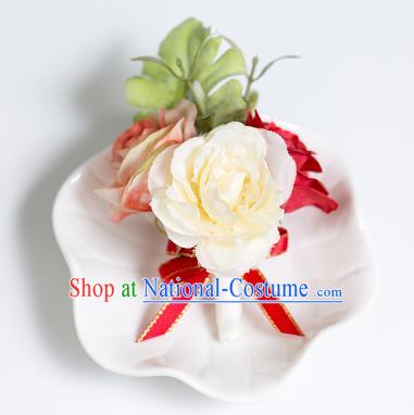 Top Grade Classical Wedding Silk Flowers,Groom Emulational Corsage Groomsman Red Brooch Flowers for Men