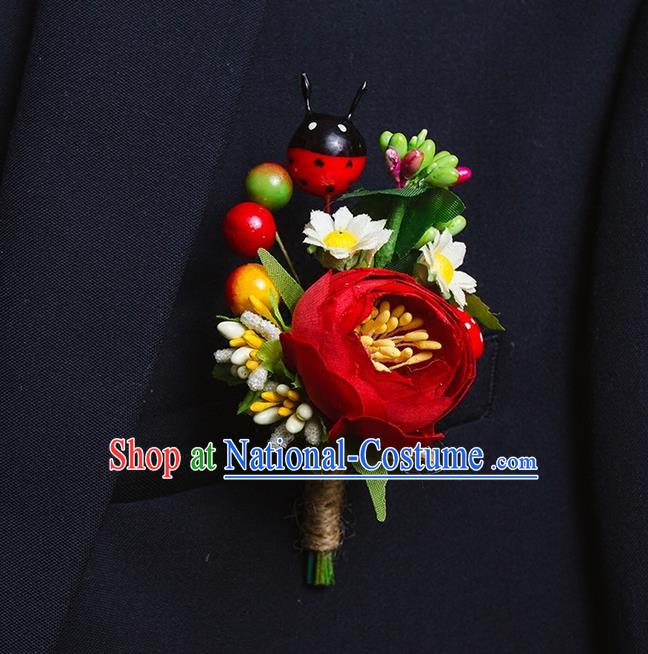 Top Grade Classical Wedding Silk Flowers,Groom Emulational Corsage Groomsman Ladybird Brooch Flowers for Men