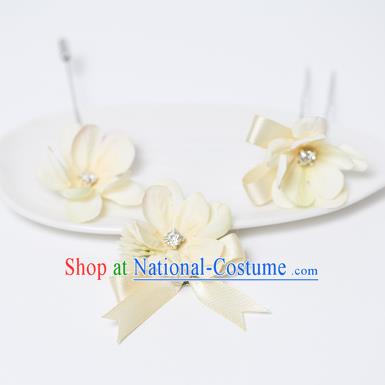 Traditional Handmade Classical Hair Accessories Bride Wedding Beige Flowers Barrettes and Brooch Complete Set, Hair Sticks Hair Claws, Hair Fascinators Hairpins for Women