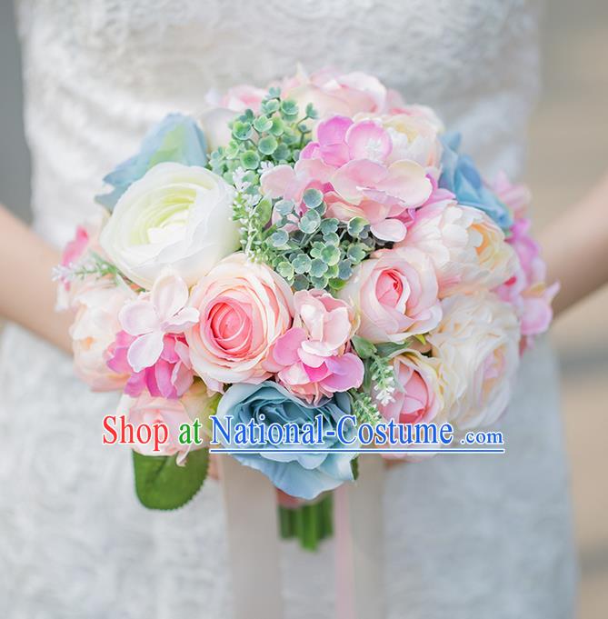 Top Grade Classical Wedding Silk Flowers, Bride Holding Emulational Pink Blue Flowers, Hand Tied Bouquet Flowers for Women