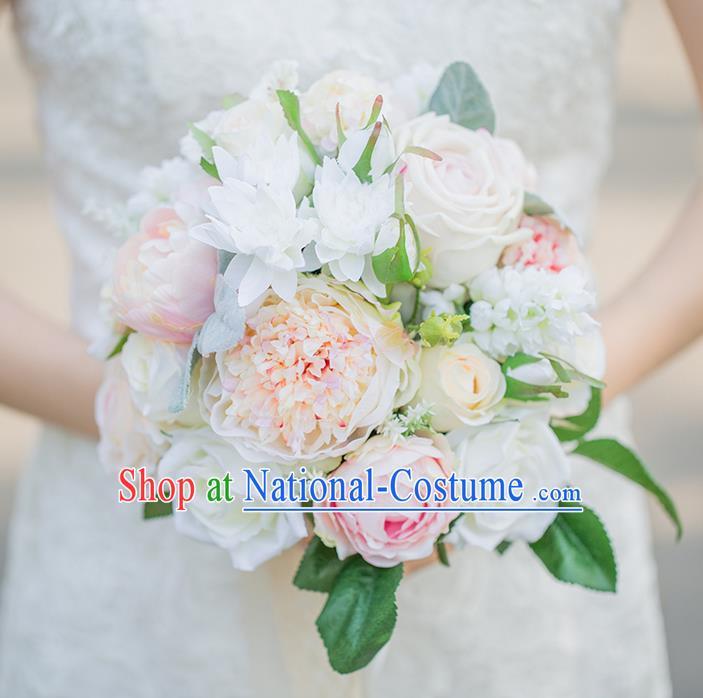 Top Grade Classical Wedding Silk Flowers, Bride Holding Emulational Pink Champagne Flowers, Hand Tied Bouquet Flowers for Women