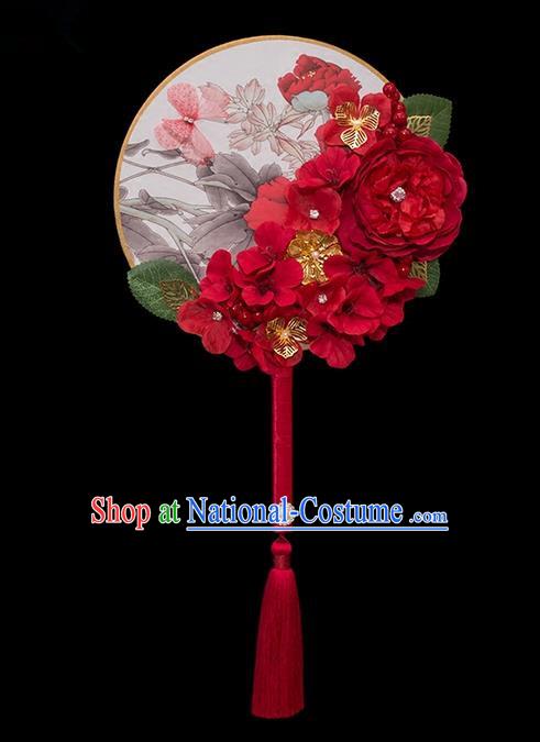 Traditional Handmade Chinese Ancient Classical Wedding Accessories, Bride Wedding Flowers Round Fan, Hanfu Xiuhe Suit Palace Red Fan for Women