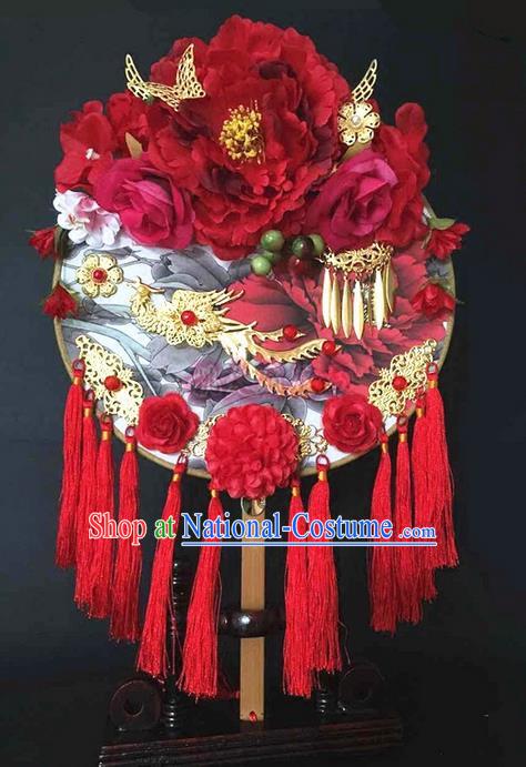 Traditional Handmade Chinese Ancient Classical Wedding Accessories Decoration, Bride Wedding Flowers Round Fan, Hanfu Xiuhe Suit Palace Red Dragon Phoenix Fan for Women