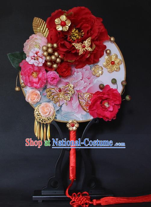 Traditional Handmade Chinese Ancient Classical Wedding Accessories Flowers Decoration, Bride Wedding Flowers Round Fan, Hanfu Xiuhe Suit Palace Butterfly Fan for Women