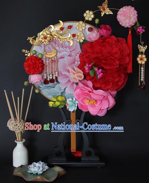 Traditional Handmade Chinese Ancient Classical Wedding Accessories Flowers Decoration, Bride Wedding Flowers Round Fan, Hanfu Xiuhe Suit Palace Phoenix Fan for Women