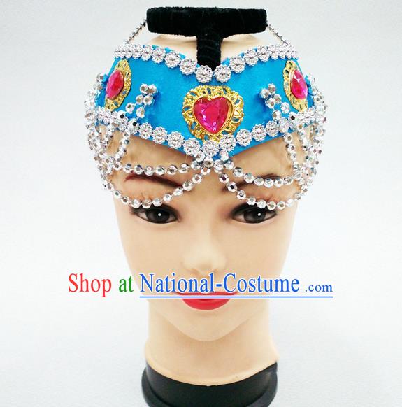 Traditional Chinese Mongol Nationality Dancing Accessories Headdress, Mongolian Folk Dance Ethnic Headwear Top Bowl Dance Blue Hat for Women