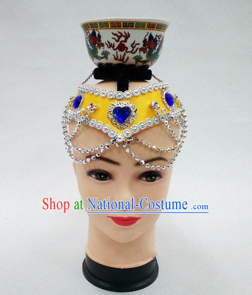 Traditional Chinese Mongol Nationality Dancing Accessories Headdress, Mongolian Folk Dance Ethnic Headwear Top Bowl Dance Yellow Hat for Women