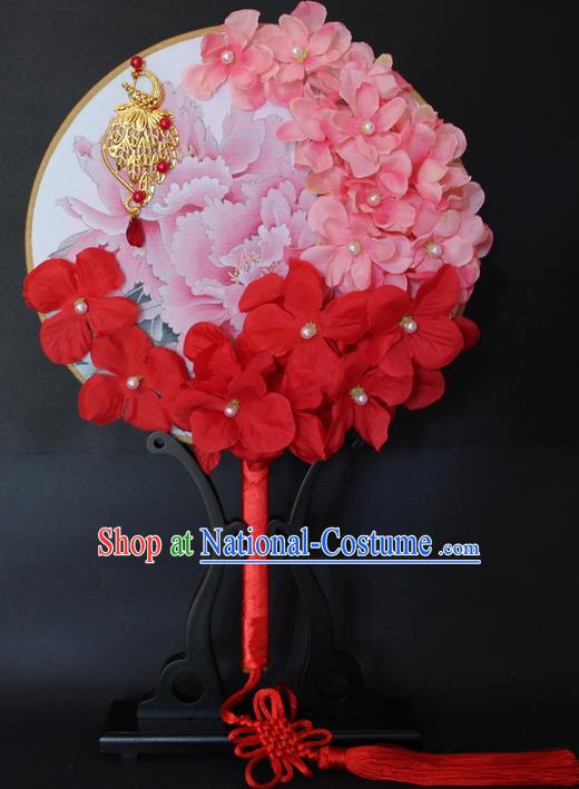 Traditional Handmade Chinese Ancient Classical Wedding Accessories Flowers Decoration, Bride Wedding Flowers Round Fan, Hanfu Xiuhe Suit Palace Pearl Phoenix Fan for Women