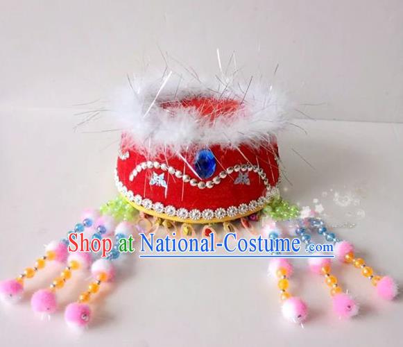 Traditional Chinese Mongol Nationality Dancing Accessories Headdress, Mongolian Kids Folk Dance Ethnic Headwear China Minority Palace Princess Dance Red Hat for Children