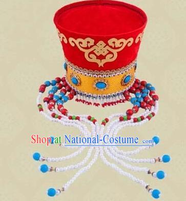 Traditional Chinese Mongol Nationality Dancing Accessories Headdress, Mongolian Folk Dance Ethnic Headwear China Minority Palace Princess Dance Bead Red Hat for Women