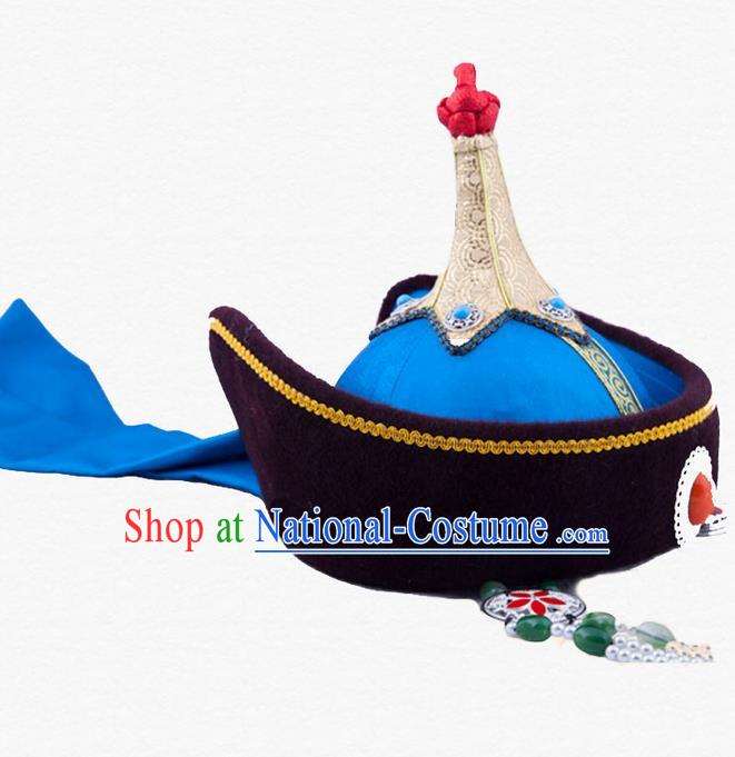 Traditional Chinese Mongol Nationality Dancing Accessories Headdress, Mongolian Folk Dance Ethnic Headwear China Mongolian Minority Palace Princess Wedding Blue Hat for Women