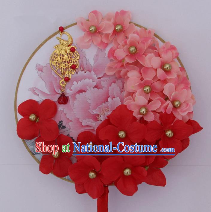 Traditional Handmade Chinese Ancient Classical Wedding Accessories Flowers Decoration, Bride Wedding Flowers Round Fan, Hanfu Xiuhe Suit Palace Pearl Phoenix Fan for Women