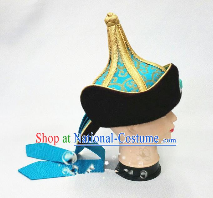 Traditional Chinese Top Grade Mongol Nationality Dancing Accessories Headdress, Mongolian Folk Dance Ethnic Headwear China Mongolian Minority Royal Highness Wedding Blue Hat for Men