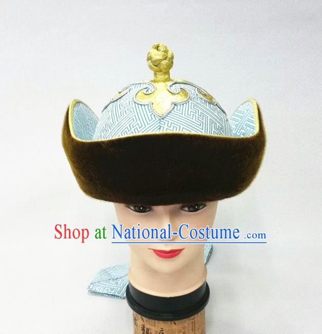 Traditional Chinese Top Grade Mongol Nationality Dancing Accessories Headdress, Mongolian Princes Folk Dance Ethnic Headwear China Mongolian Minority Royal Highness Wedding Blue Hat for Men