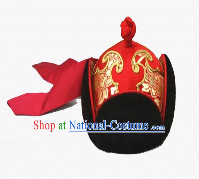 Traditional Chinese Top Grade Mongol Nationality Dancing Accessories Headdress, Mongolian Princes Folk Dance Ethnic Headwear China Mongolian Minority Royal Highness Wedding Red Hat for Men