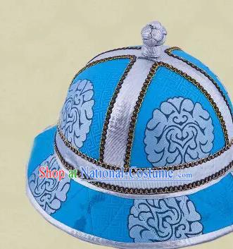 Traditional Chinese Top Grade Mongol Nationality Dancing Accessories Headdress, Mongolian Princes Folk Dance Ethnic Headwear China Mongolian Minority Royal Highness Wedding Round Blue Hat for Men