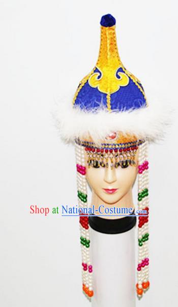 Traditional Chinese Top Grade Mongol Nationality Dancing Accessories Headdress, Mongolian Children Folk Dance Ethnic Headwear China Minority Palace Princess Dance Bead Blue Hat for Kids