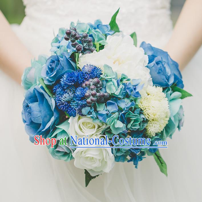 Top Grade Classical Wedding Silk Flowers, Bride Holding Emulational Flowers, Hand Tied Bouquet Blue Flowers for Women