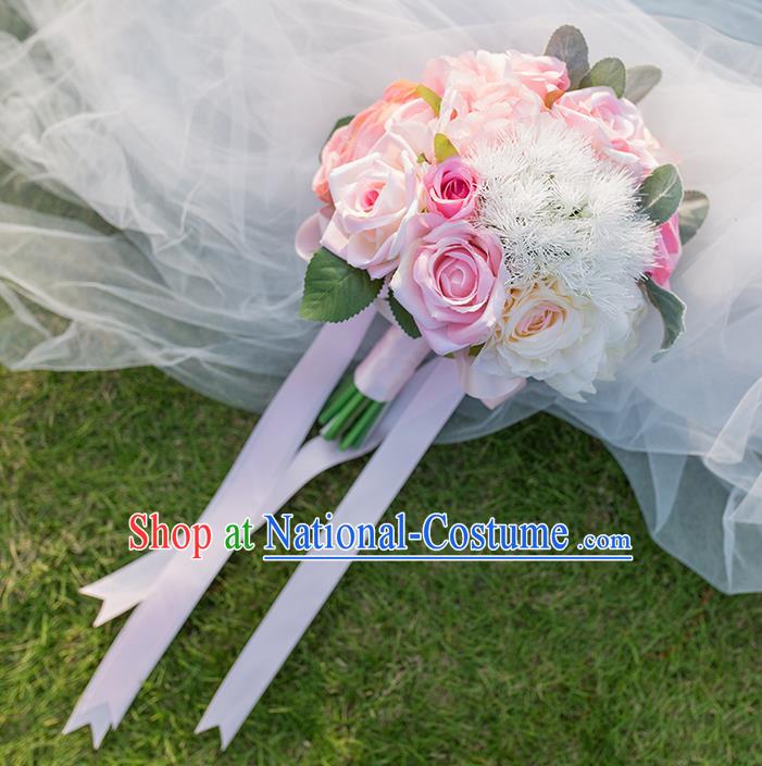 Top Grade Classical Wedding Silk Flowers, Bride Holding Emulational Flowers, Hand Tied Bouquet Pink Flowers for Women