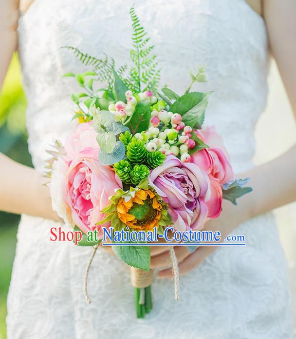 Top Grade Classical Wedding Silk Flowers Ball, Bride Holding Emulational Flowers, Hand Tied Bouquet Pink Flowers for Women