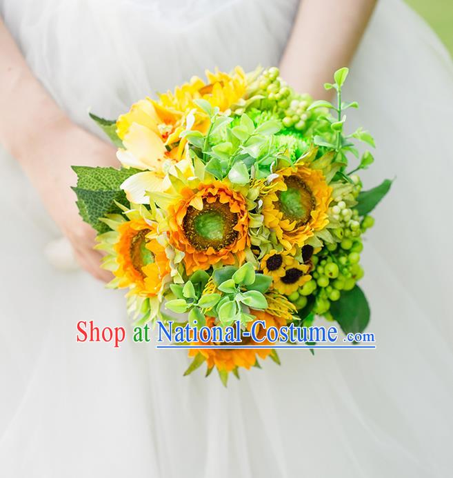 Top Grade Classical Wedding Silk Flowers Sunflower Ball, Bride Holding Emulational Flowers, Hand Tied Bouquet Flowers for Women