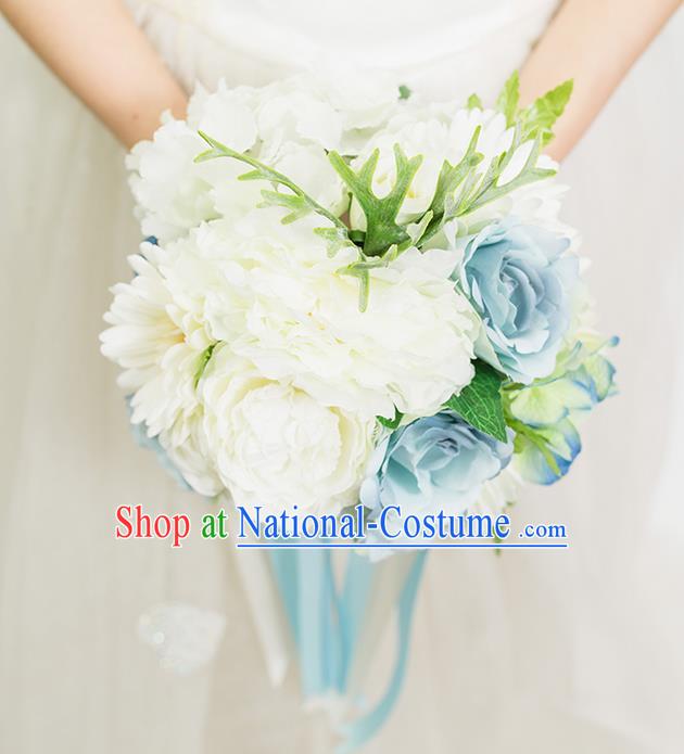 Top Grade Classical Wedding Silk Flowers Blue Ball, Bride Holding Emulational Flowers, Hand Tied Bouquet Flowers for Women