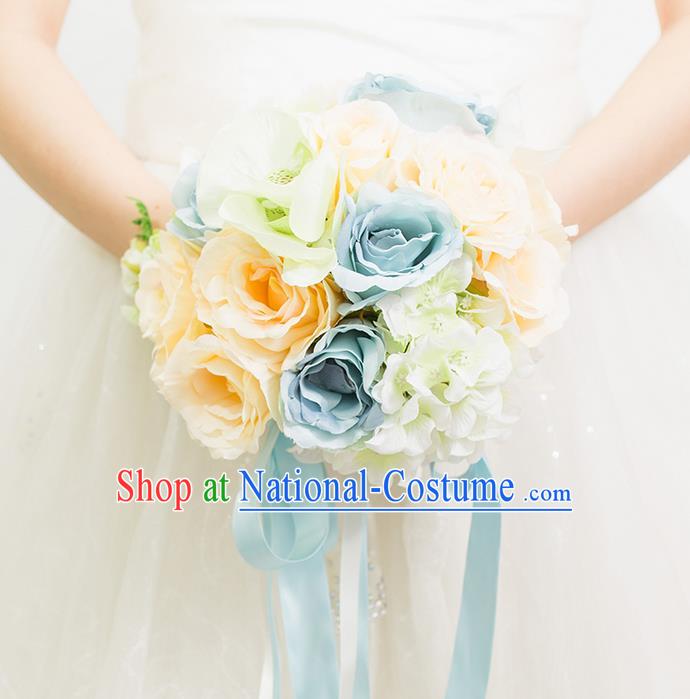 Top Grade Classical Wedding Silk Flowers Blue Flowers Ball, Bride Holding Emulational Flowers, Hand Tied Bouquet Flowers for Women