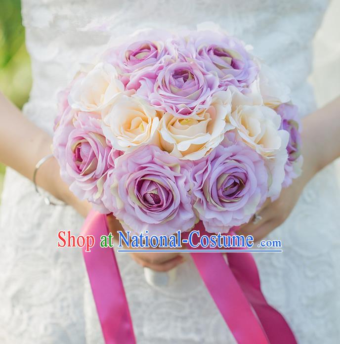 Top Grade Classical Wedding Silk Flowers Purple Flowers Ball, Bride Holding Emulational Flowers, Hand Tied Bouquet Flowers for Women