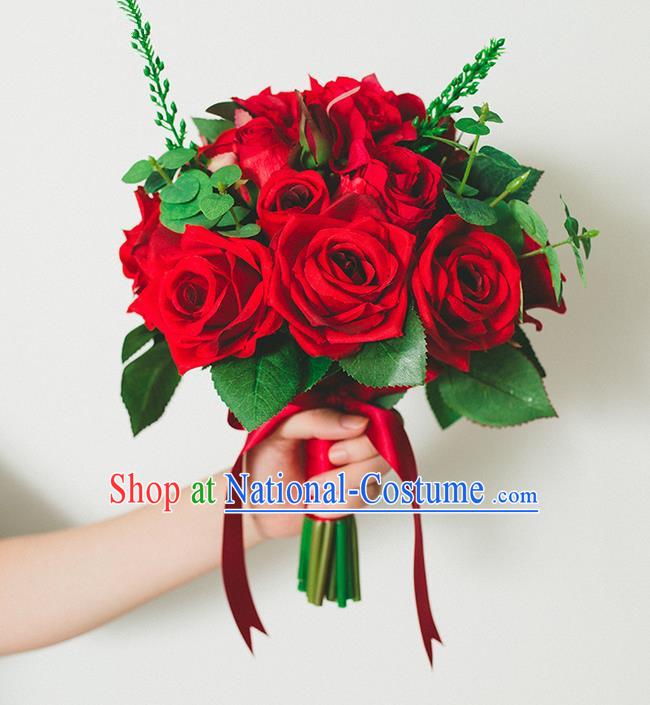 Top Grade Classical Wedding Silk Flowers Red Rose Flowers Ball, Bride Holding Emulational Flowers, Hand Tied Bouquet Flowers for Women