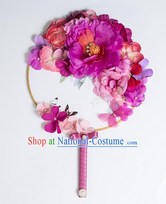 Traditional Handmade Chinese Ancient Classical Wedding Accessories Decoration, Bride Wedding Flowers Round Fan, Hanfu Xiuhe Suit Palace Flowers Fan for Women