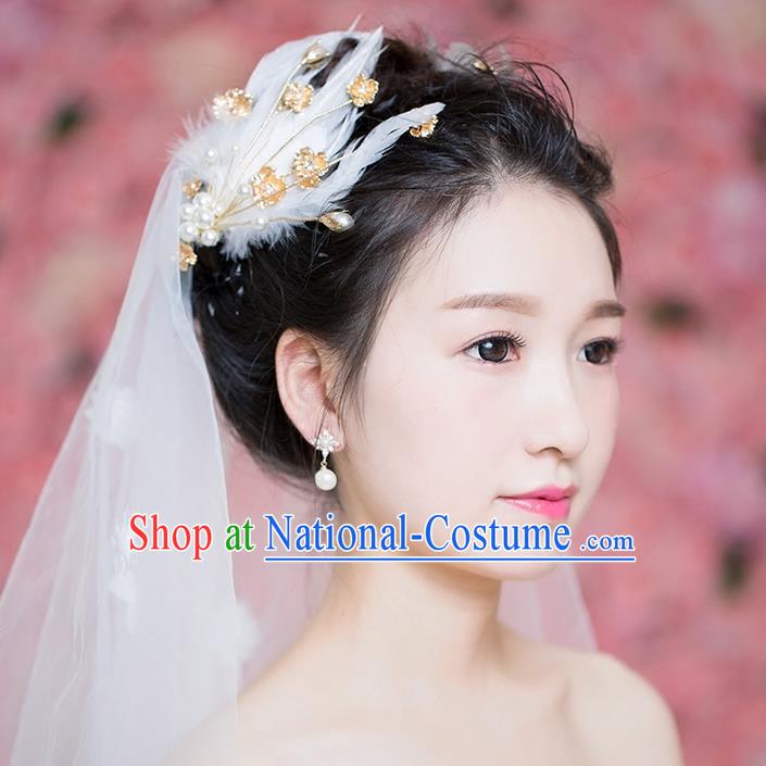 Handmade Chinese Classical Hair Accessories Wedding Hair Sticks Hair Jewellery, Bride Royal Crown Pearl Feather Hair Claw for Women