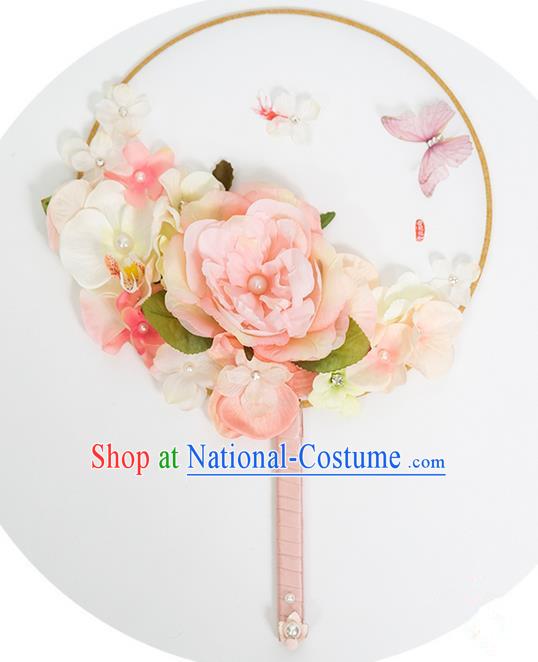 Traditional Handmade Chinese Ancient Classical Wedding Accessories Decoration, Bride Wedding Flowers Round Fan, Hanfu Xiuhe Suit Palace Flowers Fan for Women