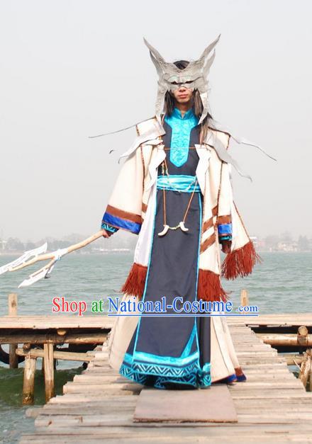 Traditional Ancient Chinese Classical Cartoon Character Uniform Cosplay Game Role Wu Xian Qin Dynasty Swordmen Costume and Headwear Complete Set for Men