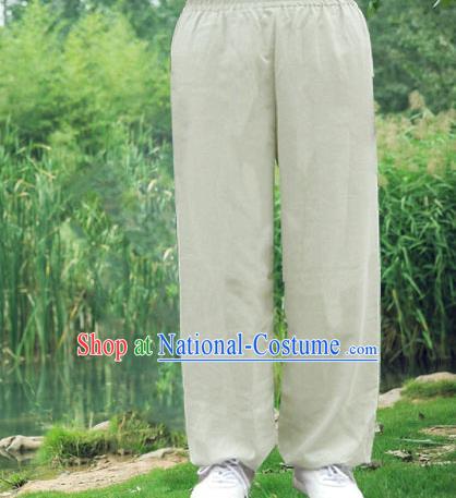 Traditional Chinese Top Linen Kung Fu Costume Martial Arts Kung Fu Training Light Grey Pants, Tang Suit Gongfu Shaolin Wushu Clothing Tai Chi Taiji Teacher Trousers for Men