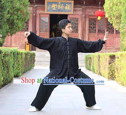 Traditional Chinese Top Linen Kung Fu Costume Martial Arts Kung Fu Training Black Uniform, Tang Suit Gongfu Shaolin Wushu Clothing, Tai Chi Taiji Teacher Suits Uniforms for Men