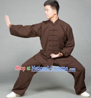 Traditional Chinese Top Flax Kung Fu Costume Martial Arts Kung Fu Training Brown Uniform, Tang Suit Gongfu Shaolin Wushu Clothing, Tai Chi Taiji Teacher Suits Uniforms for Men