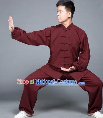 Traditional Chinese Top Flax Kung Fu Costume Martial Arts Kung Fu Training Red Uniform, Tang Suit Gongfu Shaolin Wushu Clothing, Tai Chi Taiji Teacher Suits Uniforms for Men