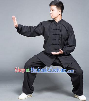 Traditional Chinese Top Flax Kung Fu Costume Martial Arts Kung Fu Training Black Uniform, Tang Suit Gongfu Shaolin Wushu Clothing, Tai Chi Taiji Teacher Suits Uniforms for Men