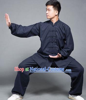 Traditional Chinese Top Flax Kung Fu Costume Martial Arts Kung Fu Training Navy Uniform, Tang Suit Gongfu Shaolin Wushu Clothing, Tai Chi Taiji Teacher Suits Uniforms for Men