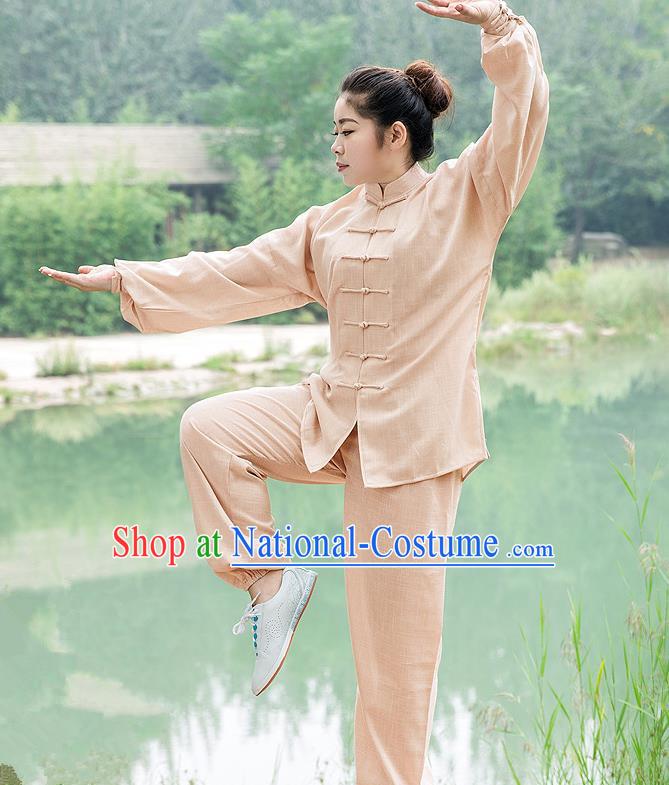 Traditional Chinese Top Linen Kung Fu Costume Martial Arts Kung Fu Training Light Brown Uniform, Tang Suit Gongfu Shaolin Wushu Clothing, Tai Chi Taiji Teacher Suits Uniforms for Women