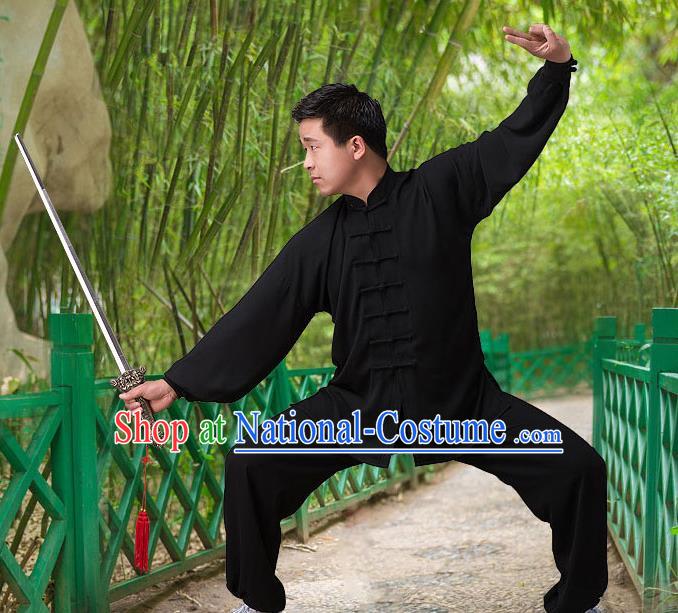 Traditional Chinese Top Silk Cotton Kung Fu Costume Martial Arts Kung Fu Training Long Sleeve Black Uniform, Tang Suit Gongfu Shaolin Wushu Clothing, Tai Chi Taiji Teacher Suits Uniforms for Men