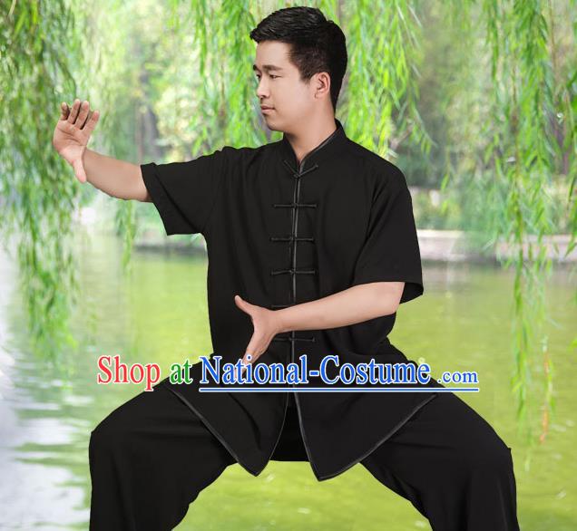 Traditional Chinese Top Silk Cotton Kung Fu Costume Martial Arts Kung Fu Training Short Sleeve Black Uniform, Tang Suit Gongfu Shaolin Wushu Clothing, Tai Chi Taiji Teacher Suits Uniforms for Men