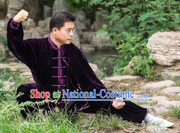 Traditional Chinese Top Pleuche Kung Fu Costume Martial Arts Kung Fu Training Purple Uniform, Tang Suit Gongfu Shaolin Wushu Clothing, Tai Chi Taiji Teacher Suits Uniforms for Men