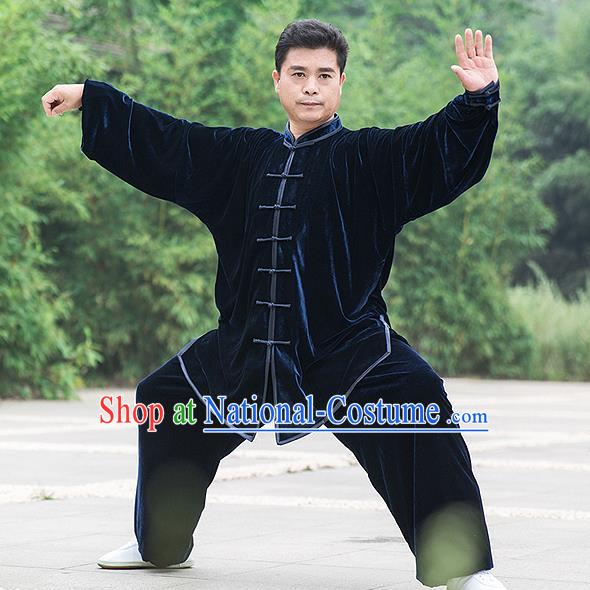 Traditional Chinese Top Pleuche Kung Fu Costume Martial Arts Kung Fu Training Navy Uniform, Tang Suit Gongfu Shaolin Wushu Clothing, Tai Chi Taiji Teacher Suits Uniforms for Men